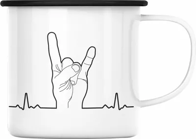 Produktbild von Trendation - Heavy Metal Geschenk Männer Lustig Emaille Tasse Herzschlag Rock Death Metal Geschenkidee Musik (Schwarz)