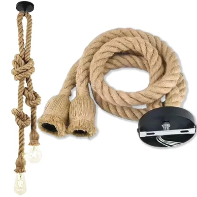Produktbild von Deckenlampe E27 Jute Seil Hängeleuchte doppelt Loft Boho Vintage Schwarz Braun