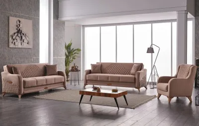 Produktbild von Komplette Couchgarnitur Stoffsofa Polstersofa Beige Set Couchen Sessel 3tlg