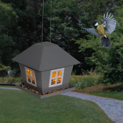 Produktbild von LED Solar Vogelfutterhaus mit Licht zum Aufhängen Garten grau
