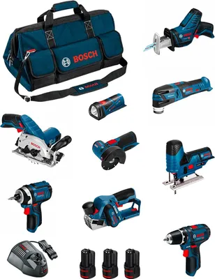Produktbild von BOSCH Kit BMKB9-28DD3 (GSR12V-15+GDR12V-105+GKS12V-26+GWS12V-76+GST12V-70+GOP12V-28+GSA12V-14+GLI12V-80+GHO12V-20+3x2,0Ah...)