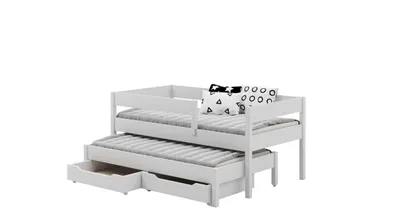 Produktbild von Ausziehbett 180x90 Kinderbett mit Rausfallschutz & Lattenrost weiß 90 x 180 für Mädchen und Jungen Massivholz Kiefer und MDF Möbelplatte, mit Matratzen und Schubladen
