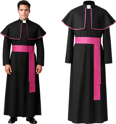 Image de Ruhhy évêque costume hommes XL/XXL prêtre soutane avec cape d'épaule & colorat + ceinture violette - déguisement de curé pour Halloween Carnaval Théâtre 26148