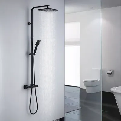 Produktbild von Auralum Schwarz Duschsystem mit Thermostat, Duscharmatur Duschset mit Regendusche, Handbrause und höhenverstellbar Duschstange