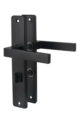 A black door handle set with a latch mechanism, shown against a white background.