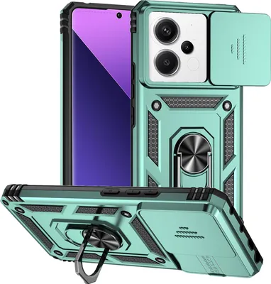 Immagine prodotto di Custodia Xiaomi Redmi Note 13 Pro 5G a doppio strato con copertura scorrevole della fotocamera e supporto ad anello verde