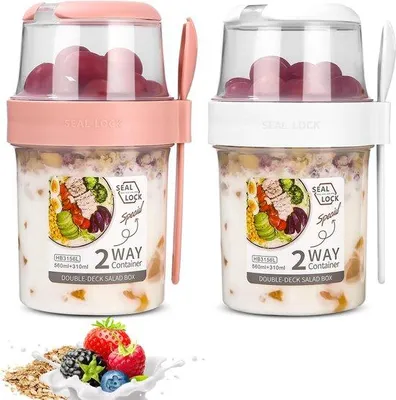Image de Bol à petit-déjeuner et à salade avec cuillère et couvercle hermétique, 310 ml et 560 ml