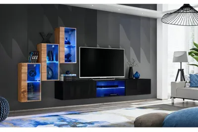 Image de Ensemble meuble TV mural Switch XXII - L 240 x P 40 x H 170 cm - Marron et noir