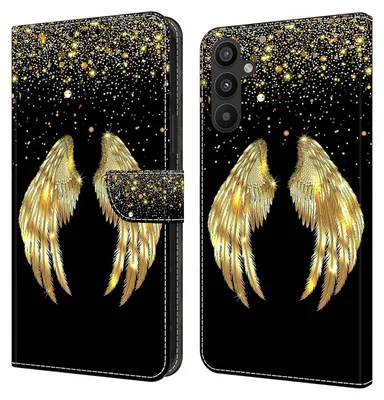 Produktbild von CLM-Tech Hülle kompatibel mit Samsung Galaxy A54 5G - Tasche aus Kunstleder - Klapphülle mit Ständer und Kartenfächern, schwarz - goldene Flügel
