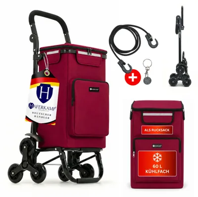 Produktbild von Klappbarer Treppensteiger-Einkaufstrolley TRAGINO | 3-in1 Einkaufswagen | Kühl- und Getränkefach | groß & modern | abnehmbare Tasche | Bordeaux Rot | Volumen: 60 Liter, KI-generiertes Bild