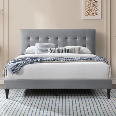 Obrázok produktu pre Čalúnená posteľ 140x200 a 160x200 cm manželská posteľ s lamelovým roštom a mäkkým poťahom, rám postele, kazetové prešívanie, 140x200 cm, sivá