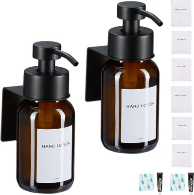 Produktbild von Relaxdays Seifenspender, 2er Pack, 250ml, Braunglas, Edelstahl, Wandseifenspender zum Kleben, ohne Bohren, braun/schwarz