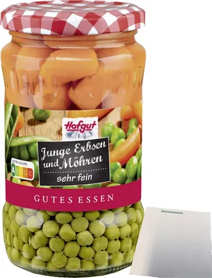 Produktbild von Hofgut Erbsen sehr fein mit Möhren (370ml Glas) + usy Block