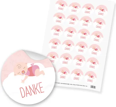 Produktbild von itenga 24x Sticker "Danke / Baby auf Wolke" (Motiv 144) rosa pastell