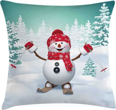 Produktbild von ABAKUHAUS Weihnachten Kissenbezug, Skifahren-Schneemann-Bäume, aus Farbfesten Waschbaren Stoff Beidseitiger Druck mit robusten Reißverschluß, 60 x 60 cm, Teal Rot Weiß