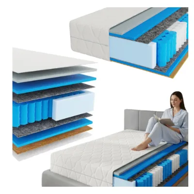 A collage of mattress cutaways and a woman reading on a mattress.