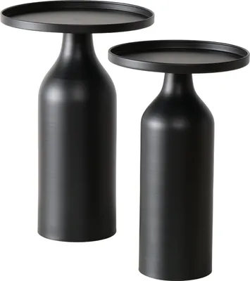 Two black side tables are shown against a white background.