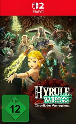 The image is a promotional artwork for the video game Hyrule Warriors: Age of Calamity, featuring various characters from the game.