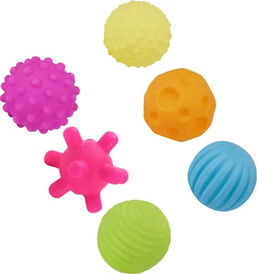 Productafbeelding van Balleffect speelgoedset van 6 stuks, gemaakt van zacht en flexibel vinyl, in verschillende kleuren. Hand- en knijpballen set voor baby's en peuters