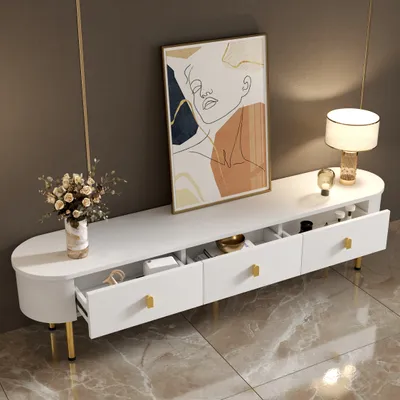 Immagine prodotto di Mobile TV Abrihome con 3 cassetti, lavagna con maniglie e gambe dorate, larghezza 174 cm, bianco