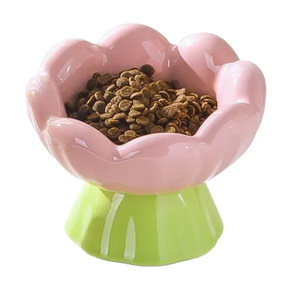 Produktbild von Keramik-Katzennapf in Rosa, geneigter Futternapf,hilft gegen Erbrechen,schont die Wirbelsäule, ideal für Kitten und Plattnasenkatzen im Blumen-Design