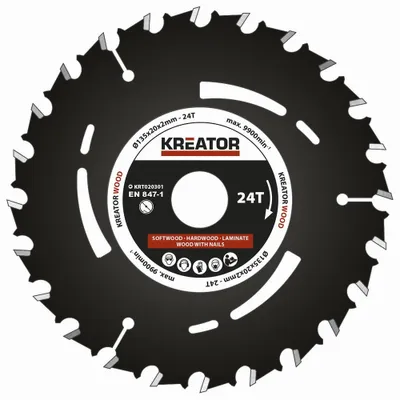 A circular saw blade with text and branding.
