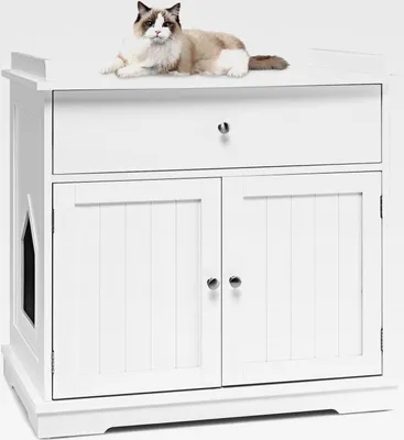 Produktbild von Katzenschrank mit Schublade & Tür & Eingang, 3-in-1 Katzenhaus Katzentoilette Beistelltisch, Schrank Katzenklo Katzenkommode, Katzenhöhle Haustierbox, Katzenmöbel (Weiß)