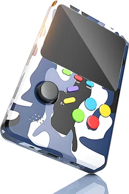 A handheld gaming console with a camouflage pattern.