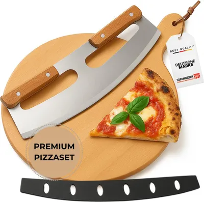 Produktbild von Pizzaschneider + Pizzabrett Set , Pizzamesser Edelstahl 31 cm inkl Klingenschutz und Holzbrett Buche geölt mit Griff 41 cm