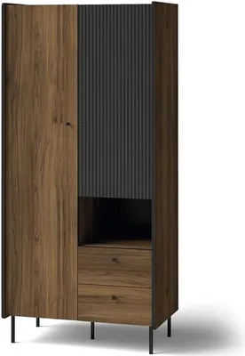 Obrázek produktu pro BETTSO Dvoudveřová šatní skříň se zásuvkami žebrované čelo PRESTIGO 88 x 190 cm Černá + ořech