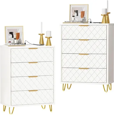 Produktbild von 2x Nachttische mit Steckdose,Beistelltisch mit 4 Schubladen,Großer Stauraum Nachtschrank Kommode für Schlafzimmer 60x34x91.5cm Weiß