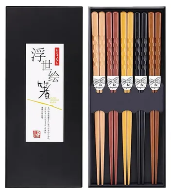 Image de Baguettes en bois, lot de 5 paires, réutilisables, style japonais, set cadeau pour sushi, couleurs naturelles