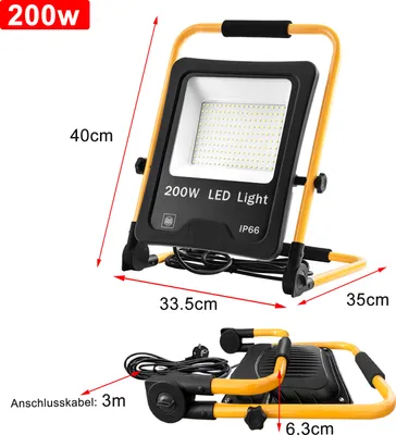 Obrázek produktu pro YARDIN LED stavební reflektor 200W teplý bílý reflektor včetně stojanu a síťového kabelu, pracovní světla IP66 vodotěsné pracovní světlo se zástrčkou