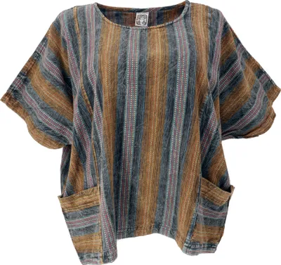 Produktbild von Weites Boho Blusentop mit Fledermausärmeln, Maxibluse für Starke Frauen - Petrol/senf, Damen, Blau, Baumwolle, Blusen & Tunikas