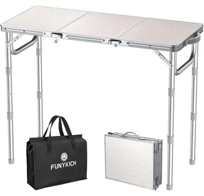 Immagine prodotto di Tavolo da campeggio pieghevole, dimensioni 87x40 cm, con 3 altezze regolabili (26/48/70 cm), in alluminio/MDF, colore argento