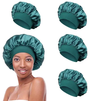 Produktbild von 4 Stück Schlafmütze Satin Bonnet Nacht Schlaf Mütze Verstellbare Schlafkappe Kopfbedeckung Weiche Kopfhaube Schlafhaube Seide mit Gummizug für Damen und Mädchen