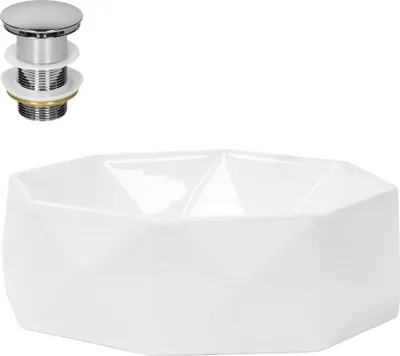 Produktbild von LuxeBath Waschbecken Aufsatzwaschbecken Rund, Ø 42x13,5 cm, Weiß, aus Keramik, inkl. Ablaufgarnitur ohne Überlauf