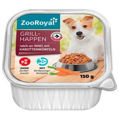 Produktbild von ZooRoyal Hundefutter Grillhappen reich an Rind mit Karottenwürfeln, 11er Pack (11 x 150g Schale)