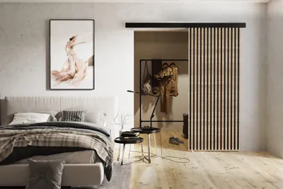 Produktbild von Schwebetür 80 cm Belor - Schiebetür mit Lamellen imitation, Design Zimmertür - Schiebetürsystem (Sonoma Eiche)