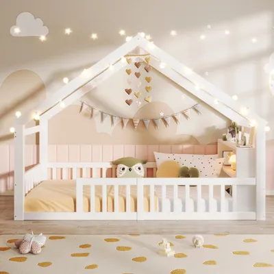 Obrázek produktu pro okwish Dětská postel 90x190 Plochá postel bez matrace, Domečková postel s zábranou, rám z masivního dřeva s ochranným zábradlím, Bílá