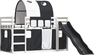 Image de vidaXL Lit superposé avec toboggan et rideaux blanc et noir 90x200 cm