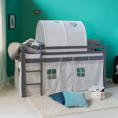 Produktbild von Homestyle4u Hochbett 90x200 Kinder Weiß ohne Lattenrost mit Tunnel Sternen Vorhang