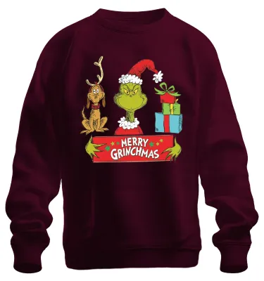Zdjęcie produktu dla Merry Grinchmas – Grinch, renifer, prezent, Boże Narodzenie, zabawna bluza uni , kolor bordowy, rozmiar M