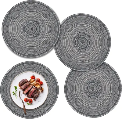 Produktbild von 4 runde Tischsets aus Baumwolle und Polyester, abwaschbar, 30 cm, geflochten, hitzebeständig, grau-schwarz