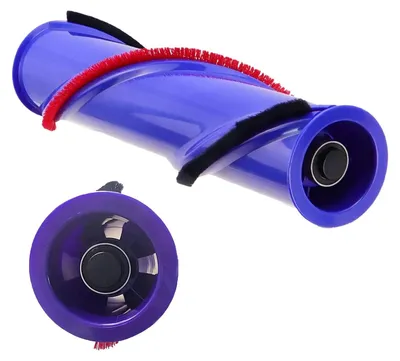 A close-up studio shot of a vacuum cleaner brush roll and its end cap, both in purple.