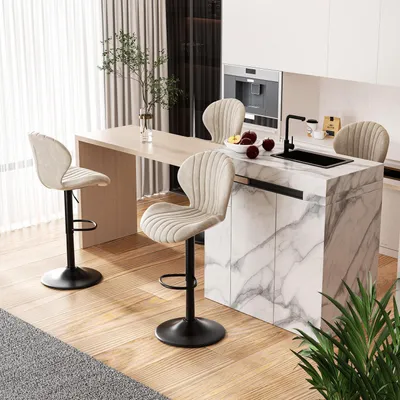 Obrázek produktu pro Sada čtyř barových židlí, výškově nastavitelné, s opěradlem, potah látka, barva béžová, otočné o 360°