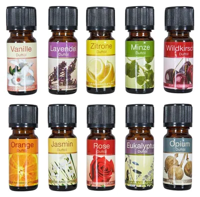 Produktbild von Set mit 10 duftenden Ölen für Aromatherapie und Raumduft