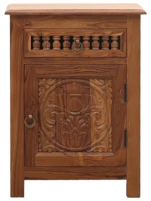 Produktbild von Nachttisch aus Sandholz, handgeschnitzt, mit natürlicher Maserung, in antikbrauner Farbe, 70 cm hoch