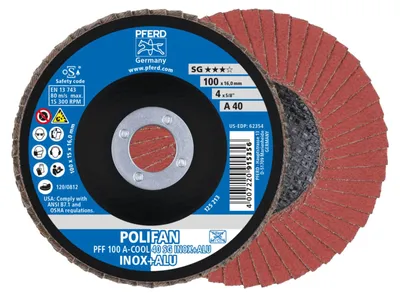 Produktbild von PFERD 67654100, Fächerscheibe, Aluminium, Nicht-eisenhaltiges Metall, Edelstahl, 10 cm, Jede Marke, Eingedrückte Mitte, 1,6 cm