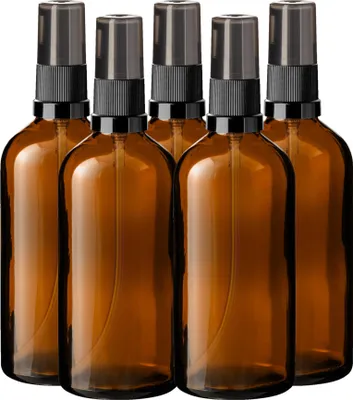 Produktbild von 5x Braune Glasflasche 100 ml mit schwarzer Pumpe Dispenserpumpe 18/415